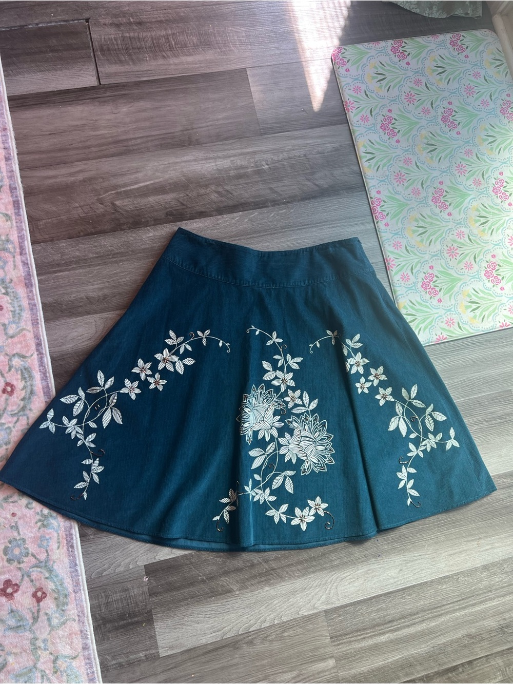 Talbots Navy Blue Circle Skirt with White Floral Embroidery